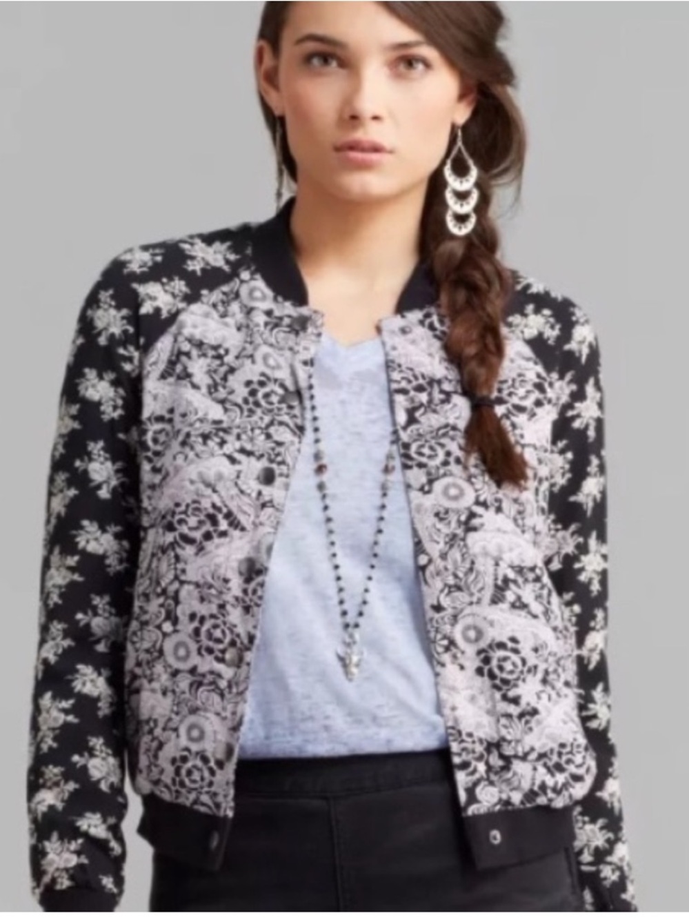 Free People Black and Light Purple Floral Bomber Jacket XS
